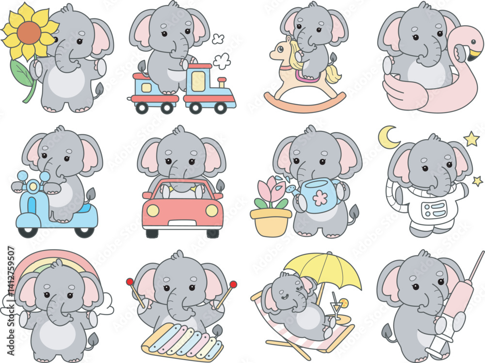 Fototapeta premium Cute Elephant vector icon. Funny baby Elephant animal series stock illustration. Life of fluffy Elephant designs.
