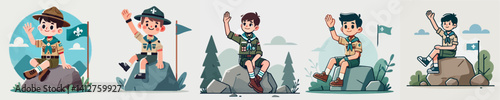 set of vector kids scouts sitting on rocks