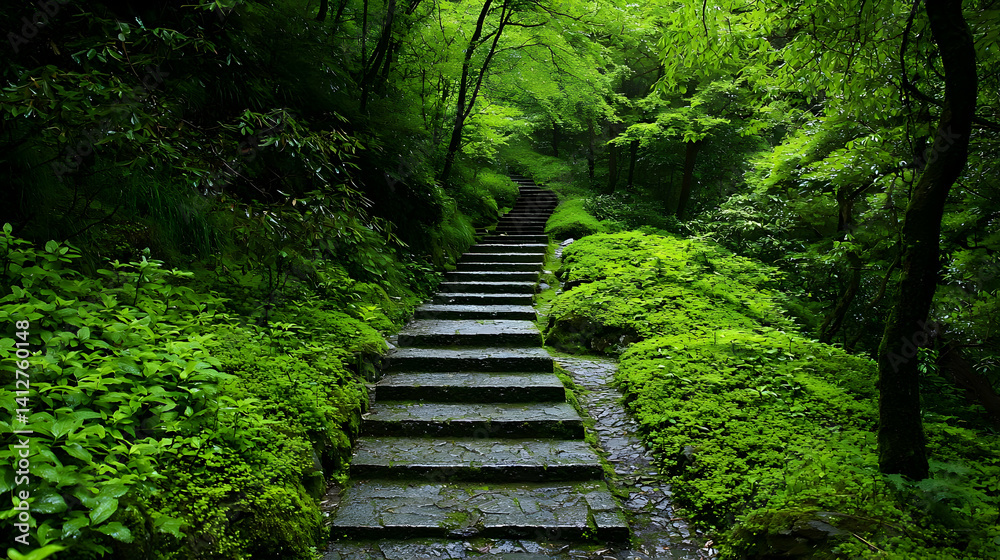 Obraz premium Forest Pathway With Stone Steps And Lush Green Vegetation