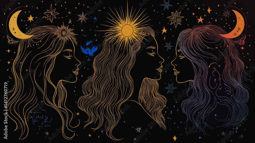 portrait of women faces with galaxy space outside head. Esoteric concept. Constellation in night sky in abstract astrology concept