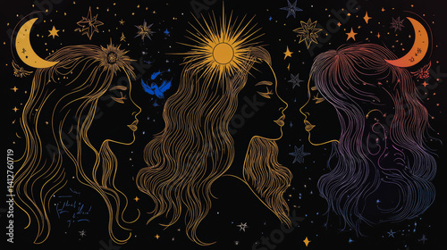Obraz na płótnie portrait of women faces with galaxy space outside head. Esoteric concept. Constellation in night sky in abstract astrology concept w salonie