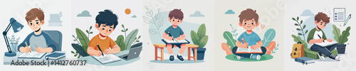 boy writing vector set
