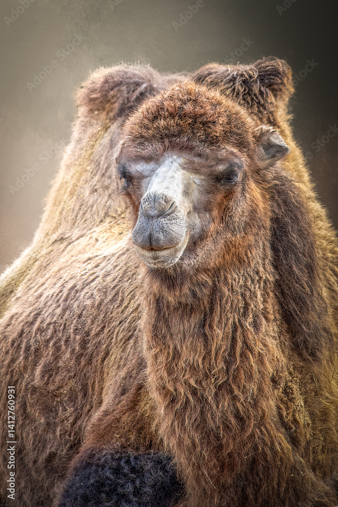 Fototapeta premium Shaggy Brown Camel Close-Up with Thick Fur and Calm Expression