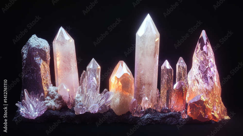Set of magic healing chakra mineral stones for crystal healing. Natural Colourful stones for cleansing environment from negative energy. Spriritual practices background