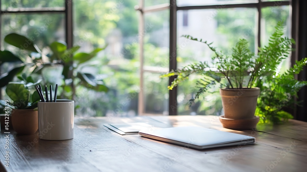 Bright and airy workspace with plants and natural light on a wooden desk : Generative AI Bright and airy workspace with plants and natural light on a wooden desk : Generative AI