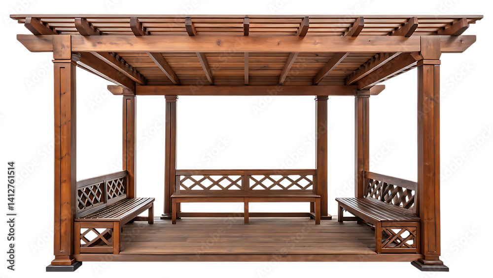 Wooden pergola with benches isolated on transparent background Wooden pergola with benches isolated on transparent background