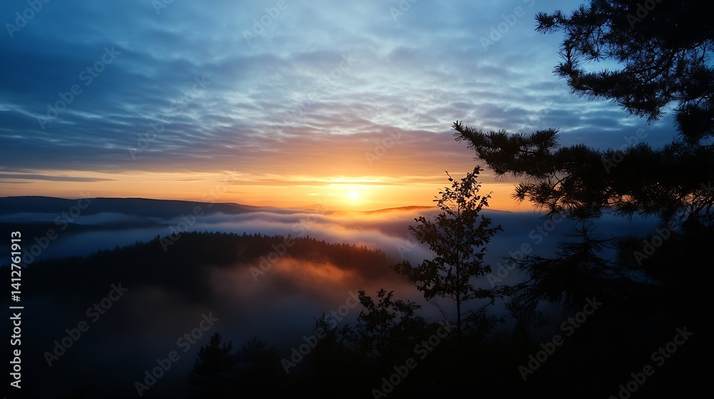 Stunning Sunrise Over Misty Hills with Vibrant Colors in the Sky : Generative AI Stunning Sunrise Over Misty Hills with Vibrant Colors in the Sky : Generative AI
