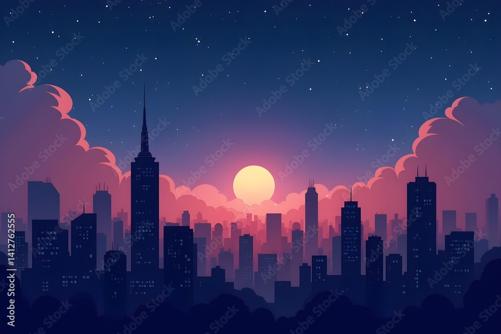 Fototapeta premium Twilight Cityscape with Skyscraper Silhouettes and Blank Space