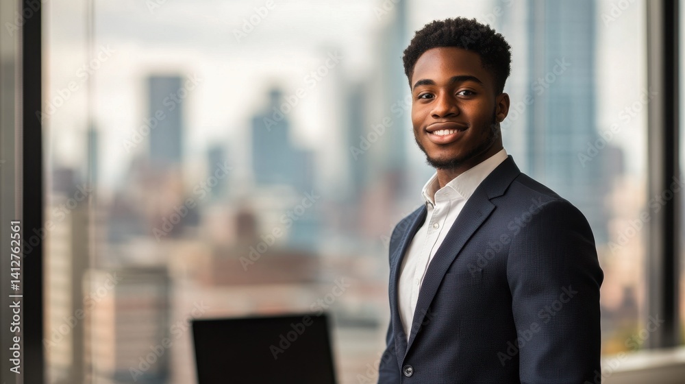 Fototapeta premium A confident young Black man in a crisp navy suit stands smiling, showcasing professionalism against an urban cityscape in the background. Ideal for business themes.