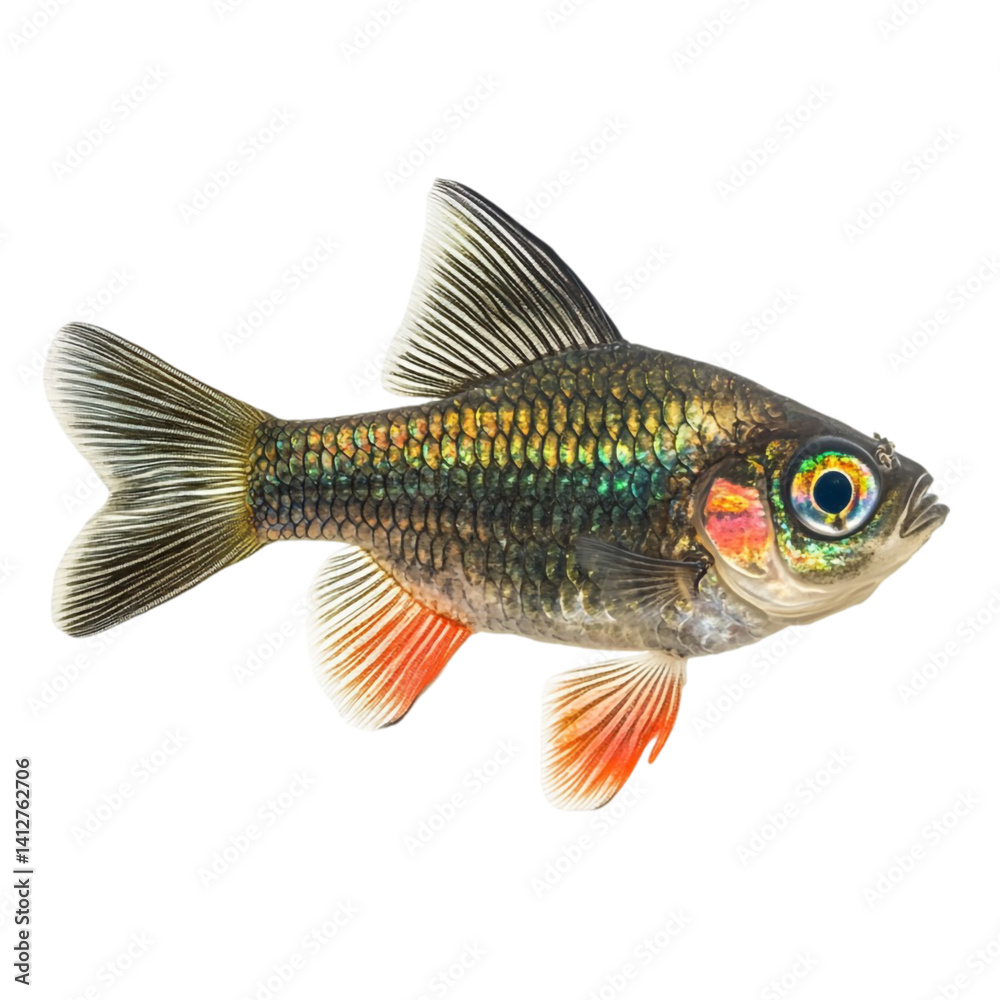 A vibrant tropical fish with iridescent scales and orange fins swims against a black background A vibrant tropical fish with iridescent scales and orange fins swims against a black background