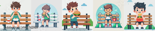 vector set of kids eating hamburger on a park bench