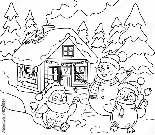 christmas, happy christmas, christmas coloring book, cute animal christmas coloring page, kids coloring, coloring page, coloring, cartoon, illustration, coloring book, vector, animal, drawing, sketch,