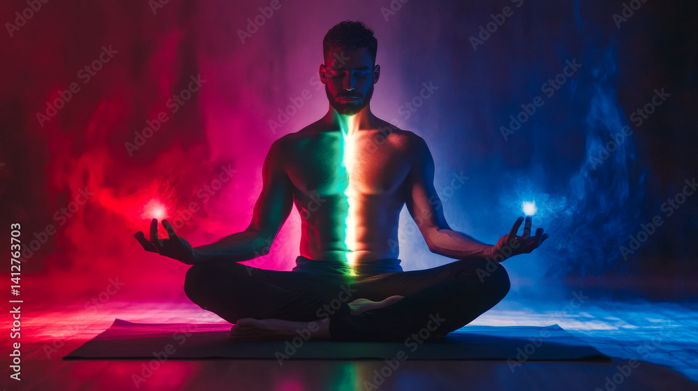 Silhouette of human practicing yoga meditation. Grounding technique to harvest the energy of the earth . Kundalini energy exercise . Human spirit with glowing seven all chakra. People healing concept