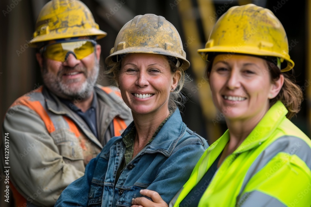 Construction Crew Portrait: Three smiling construction workers, a woman and two men, wearing hard hats and work uniforms, stand shoulder to shoulder, exuding confidence and teamwork Construction Crew Portrait: Three smiling construction workers, a woman and two men, wearing hard hats and work uniforms, stand shoulder to shoulder, exuding confidence and teamwork
