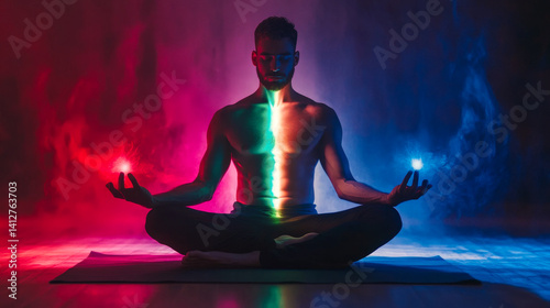 Obraz na płótnie Silhouette of human practicing yoga meditation. Grounding technique to harvest the energy of the earth . Kundalini energy exercise . Human spirit with glowing seven all chakra. People healing concept w salonie