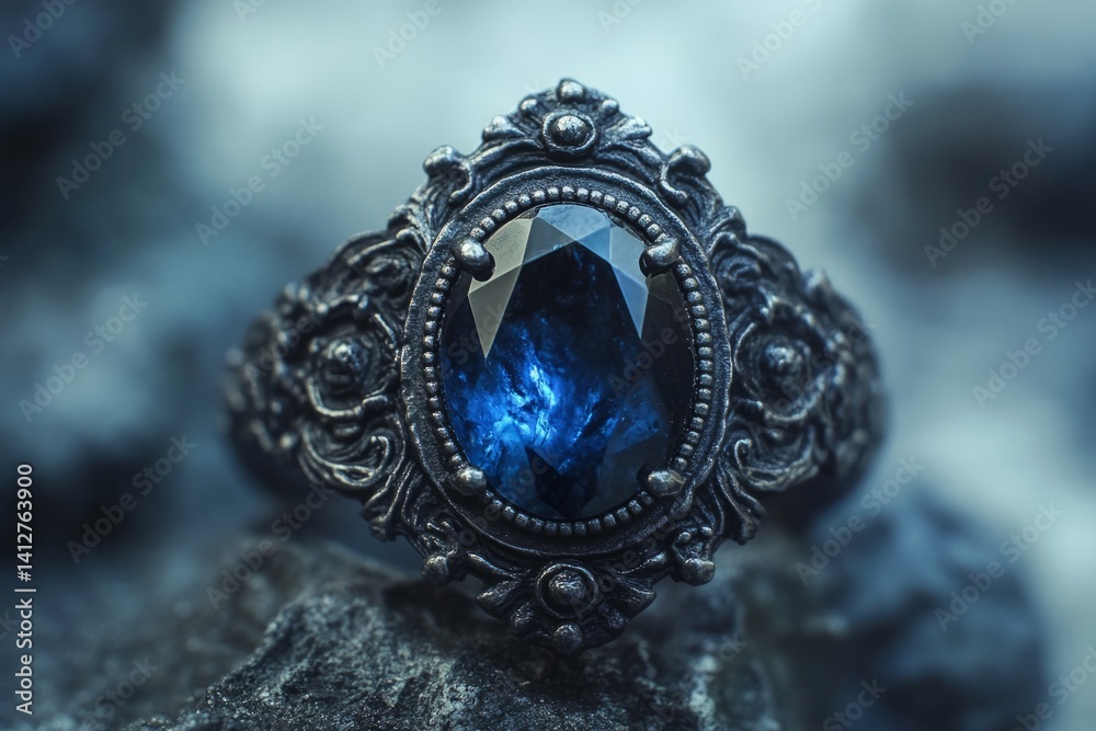 Fototapeta premium Ornate silver ring showing large faceted blue gemstone resting on dark gray rocks