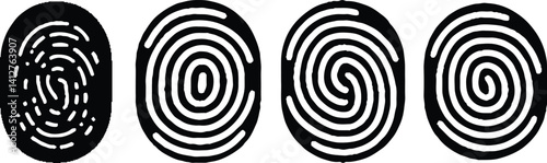 Collection of four black fingerprint. Vector illustration.