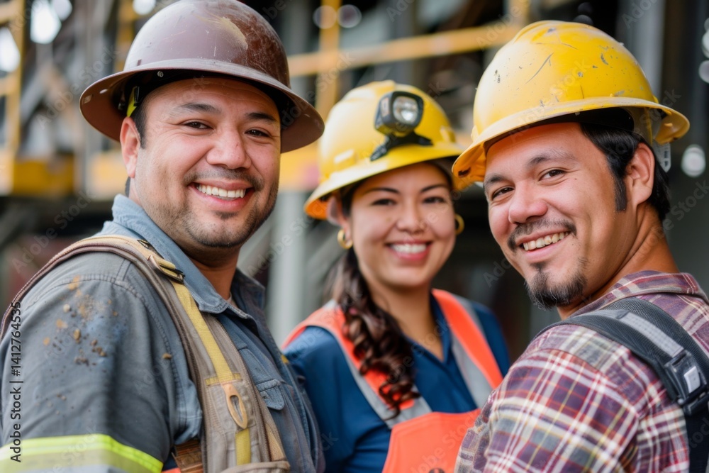 Construction Crew Portrait: Three smiling construction workers, a woman and two men, wearing hard hats and work uniforms, stand shoulder to shoulder, exuding confidence and teamwork Construction Crew Portrait: Three smiling construction workers, a woman and two men, wearing hard hats and work uniforms, stand shoulder to shoulder, exuding confidence and teamwork