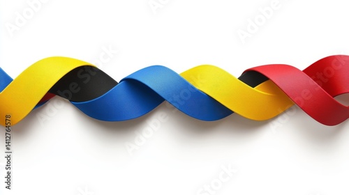 On a white base, a colorful ribbonlike structure with a smooth surface undulates and shifts through different colors photo