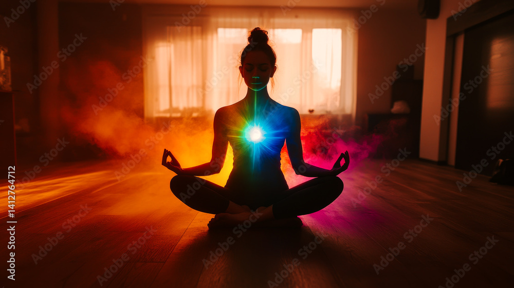 Silhouette of human practicing yoga meditation. Grounding technique to harvest the energy of the earth . Kundalini energy exercise . Human spirit with glowing seven all chakra. People healing concept