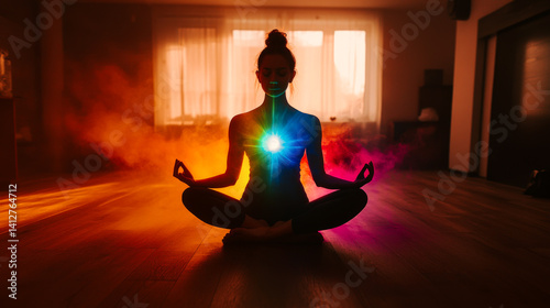Obraz na płótnie Silhouette of human practicing yoga meditation. Grounding technique to harvest the energy of the earth . Kundalini energy exercise . Human spirit with glowing seven all chakra. People healing concept w salonie
