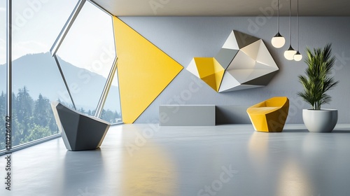 Sleek and Modern Interior with Geometric Accents and Mountain View