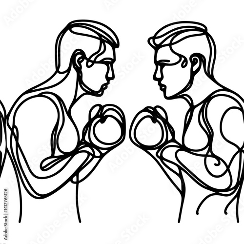 Two boxers facing off in a single line vector drawing  