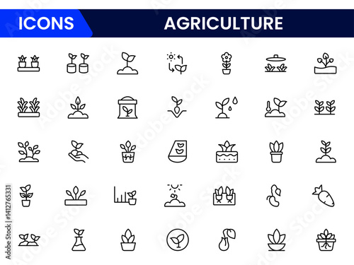 Agriculture and farming line icons. Vector plant sprouts and seedlings, root vegetables and seeds in seedbeds, greenhouses, and farm fields isolated signs with water, sun, and fertilizer.