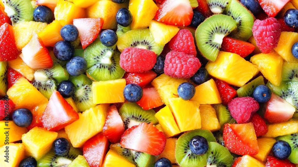 Vibrant fruit salad mix. Freshly cut pieces of colorful fruits, creating a visually appealing mix Vibrant fruit salad mix. Freshly cut pieces of colorful fruits, creating a visually appealing mix