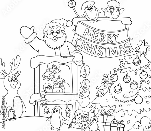 christmas, happy christmas, christmas coloring book, cute animal christmas coloring page, kids coloring, coloring page, coloring, cartoon, illustration, coloring book, vector, animal, drawing, sketch,