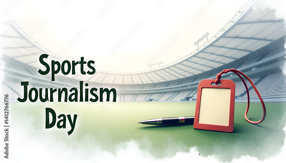 The design of a Sports Journalism Day postcard with a pen and badge on a green field