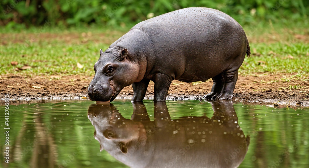 Pygmy Hippopotamus Drinking Waterhole JPG - Rare African Wildlife Thirst Quenching Behavior Photo Pygmy Hippopotamus Drinking Waterhole JPG - Rare African Wildlife Thirst Quenching Behavior Photo