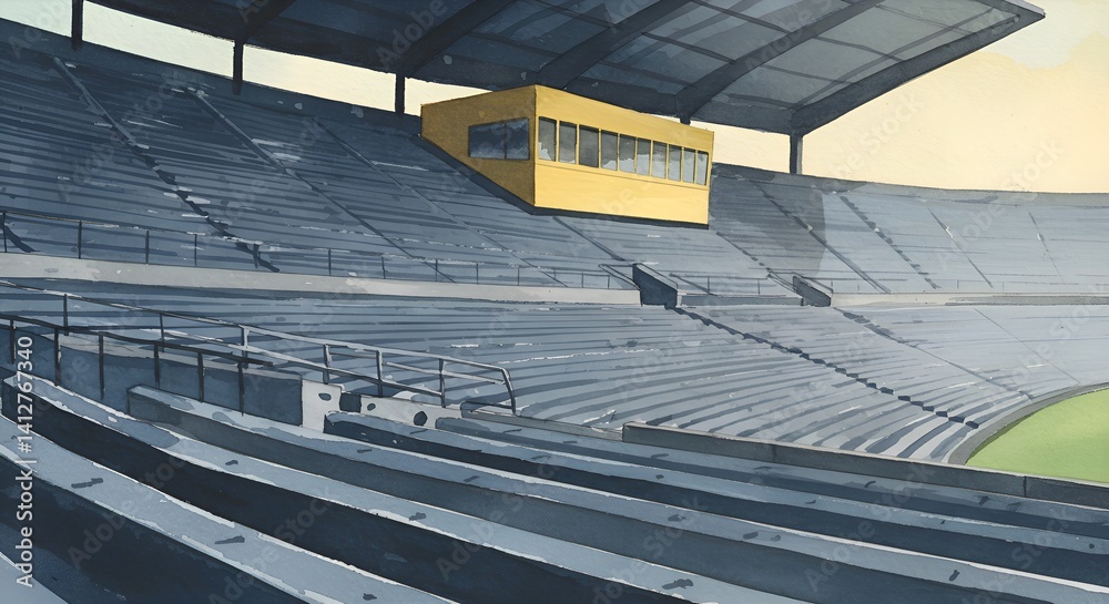 Commentary box in an empty stadium illustration for Sports Journalist Day celebration, postcard, copy space