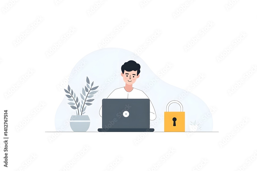 Remote Worker with Shield Icon in a Flat Tech Scene Highlighting Internet Safety Remote Worker with Shield Icon in a Flat Tech Scene Highlighting Internet Safety