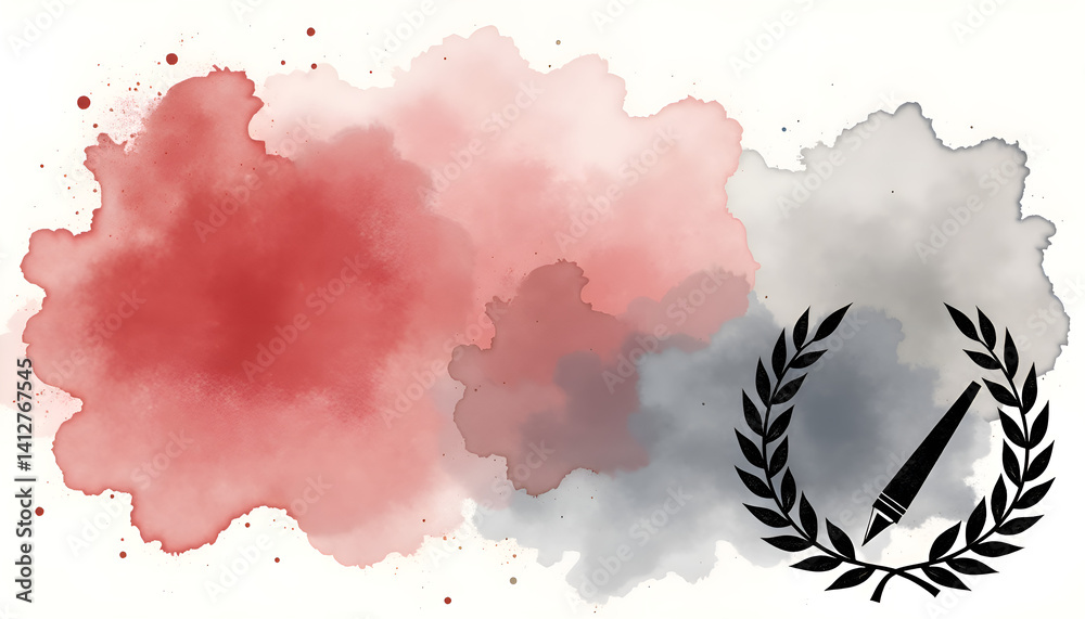 Watercolor splash background with a pen and laurel for Sports Journalism Day, postcard, copy space