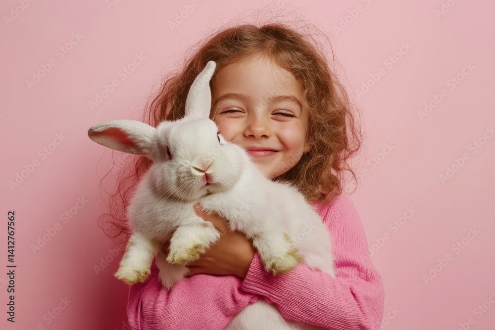 Girl with a white rabbit, happy expression Girl with a white rabbit, happy expression
