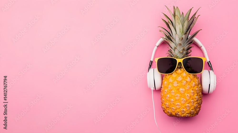 Stylish Pineapple with Sunglasses and Headphones on Pink Background
