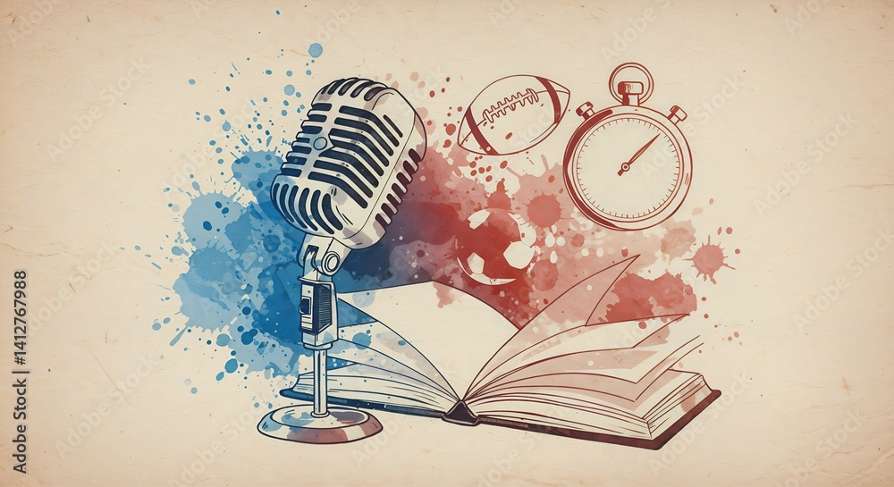Postcard design with a microphone, book, football, and stopwatch for Sports Journalism Day with copy space