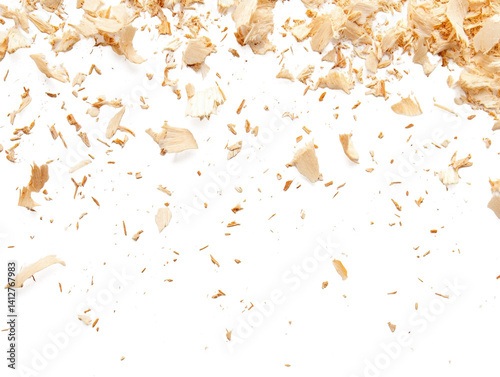 Fine sawdust particles lightly scattered across a white background, perfect for DIY and eco-friendly design