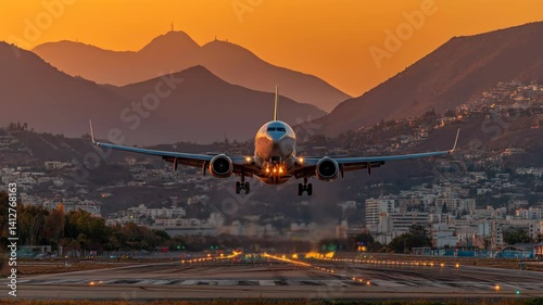 Airplane taking off from airport runway against clear blue sky with passenger terminal and surrounding landscape in view