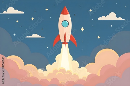 Flat rocket launch with basic geometric shapes, symbolizing forward momentum