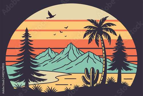18 Retro sunset landscapes, circular compositions, silhouette art, colorful gradient backgrounds, striped sun designs, mountain scenery, forest scenes, palm trees, beach sunsets, desert cacti, vintage