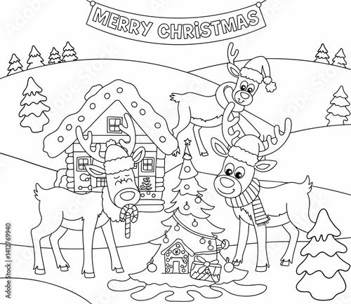 christmas, happy christmas, christmas coloring book, cute animal christmas coloring page, kids coloring, coloring page, coloring, cartoon, illustration, coloring book, vector, animal, drawing, sketch,