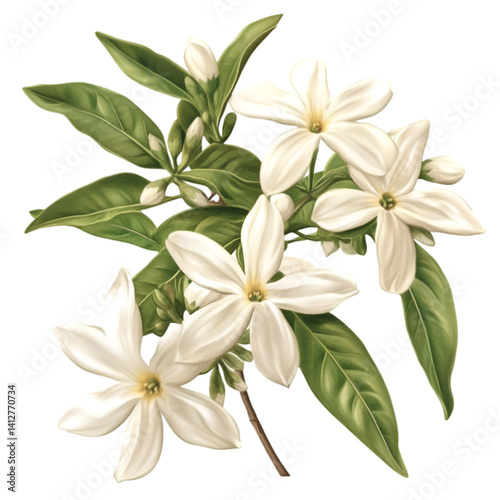 A branch of white flowers with green leaves and white background. 
