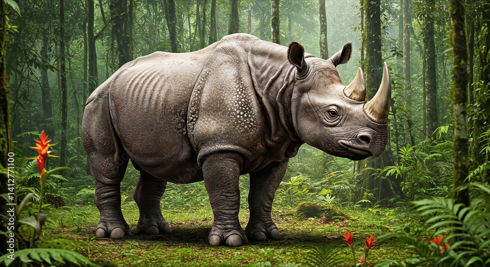 Fototapeta premium Sumatran Rhinoceros Pleistocene Rainforest JPG - Dicerorhinus Sumatrensis Ancient Environment Paleoart Photo