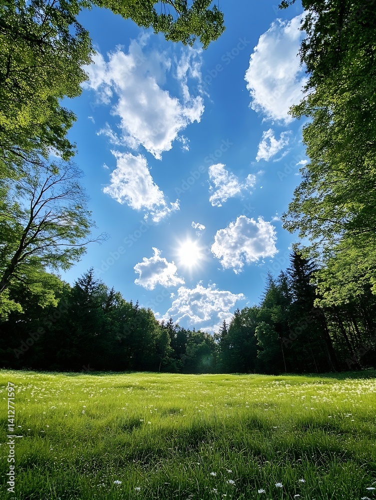 Beautiful sunny day in a lush green field surrounded by trees and blue sky with fluffy clouds : Generative AI Beautiful sunny day in a lush green field surrounded by trees and blue sky with fluffy clouds : Generative AI