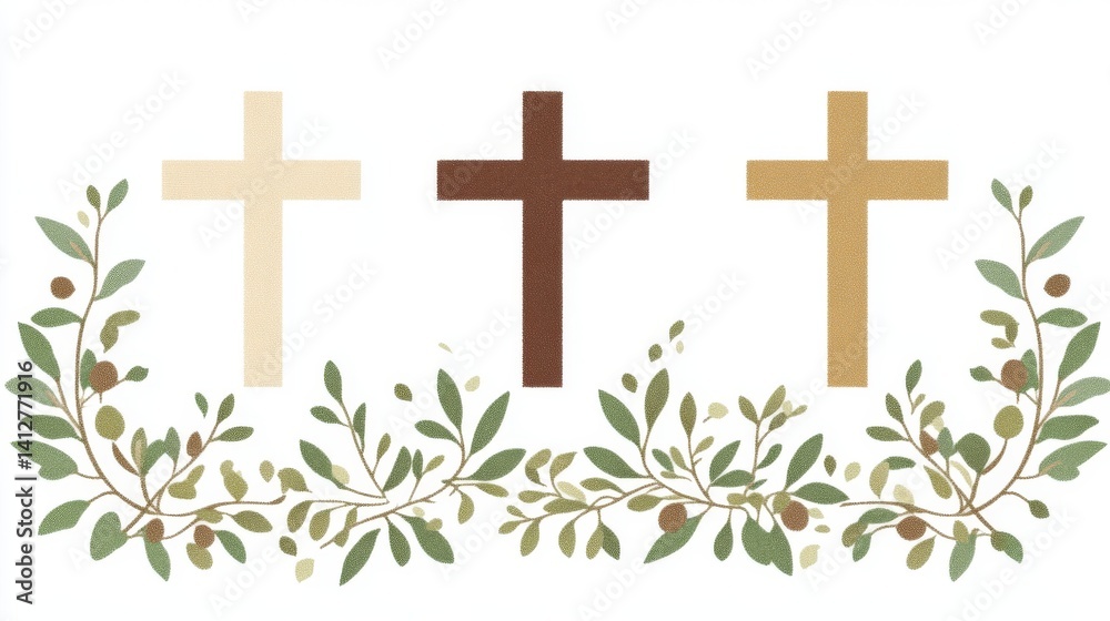A green cross encircled by ornate foliage elements