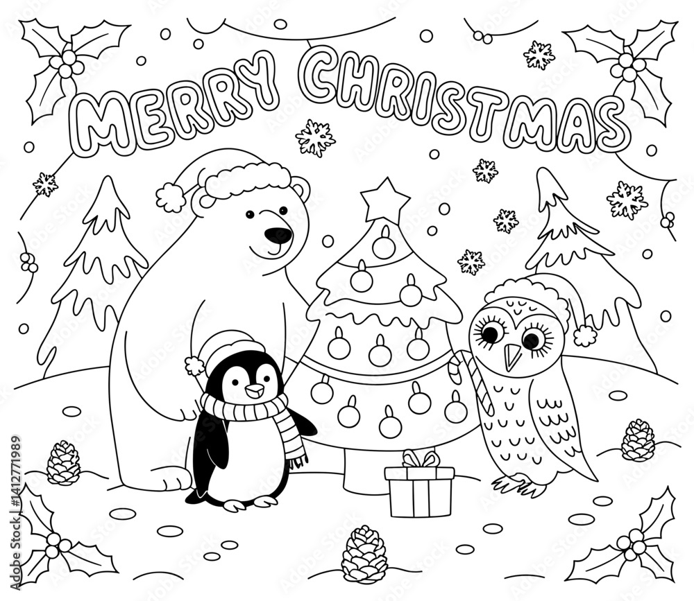 Fototapeta premium christmas, happy christmas, christmas coloring book, cute animal christmas coloring page, kids coloring, coloring page, coloring, cartoon, illustration, coloring book, vector, animal, drawing, sketch,