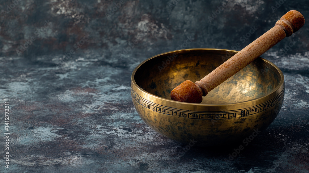 Close up Tibetan singing bowl in authentic light with copy space. Sound therapy and recreation at spa salon. Meditation singing as healthy lifestyle