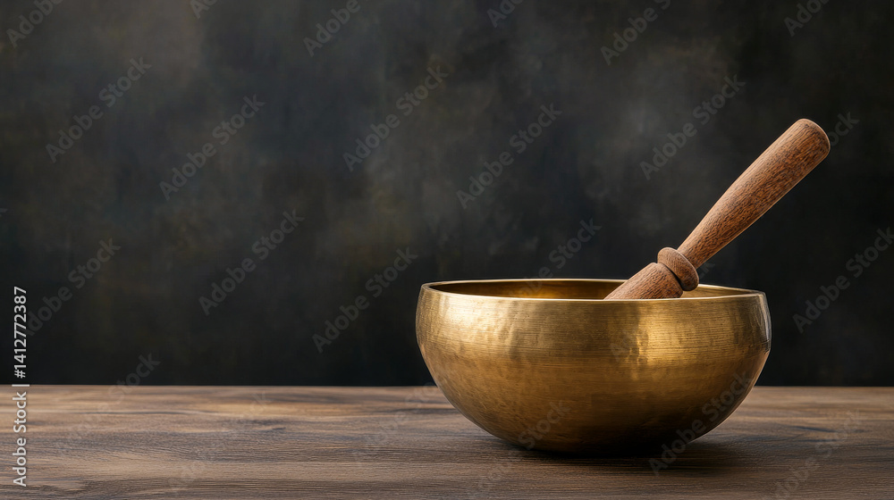 Close up Tibetan singing bowl in authentic light with copy space. Sound therapy and recreation at spa salon. Meditation singing as healthy lifestyle